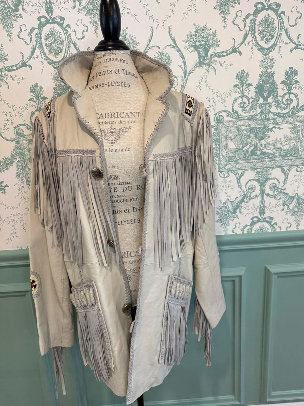 Vintage Scully Dove Grey Leather Beaded Fringe Western Jacket - Sony Pictures